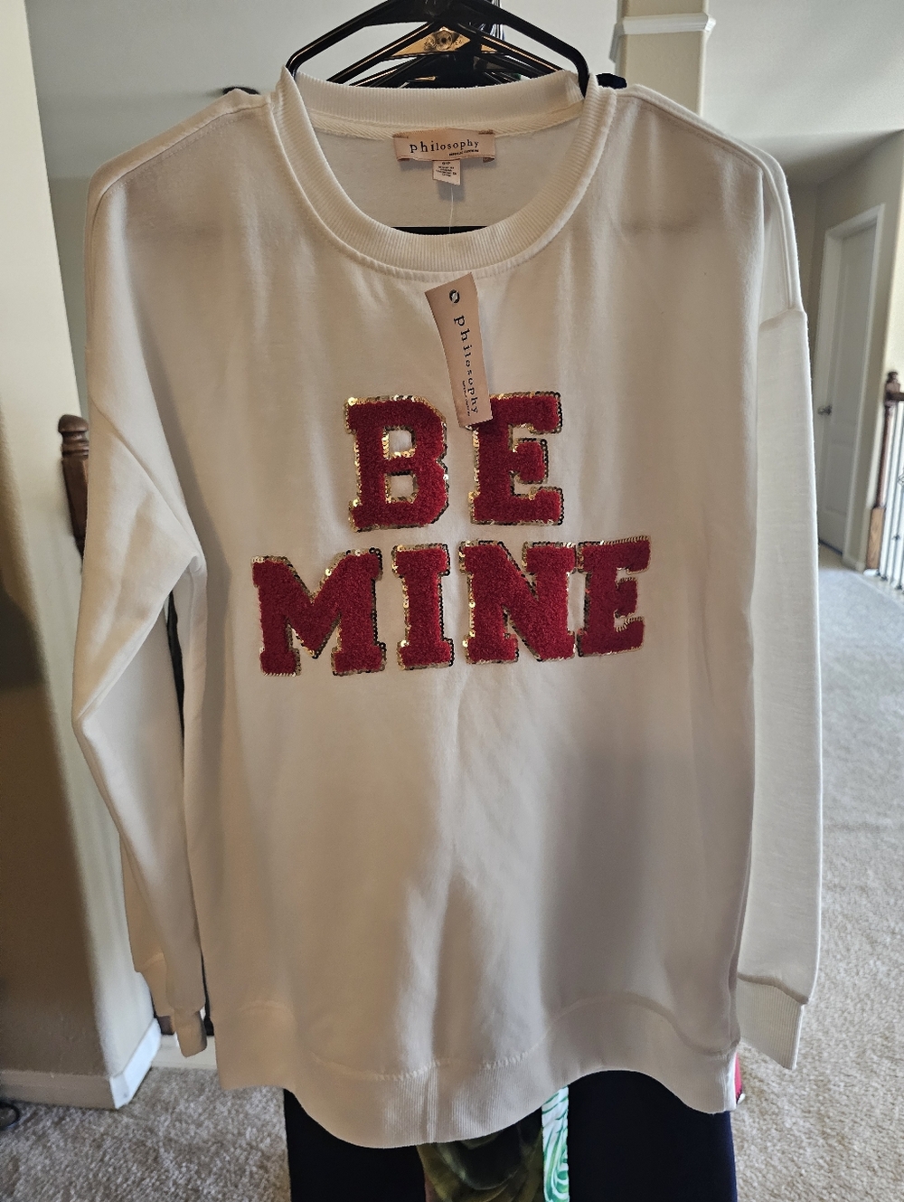 Philosophy White Sweatshirt with Red Sequin 'BE MINE' and Gold Trim